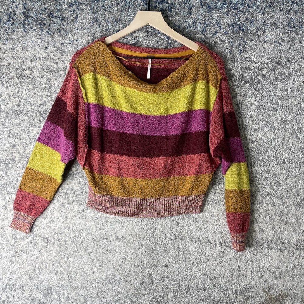 Free People Sweater Womens Small Multicolor Striped V‎ Neck Cropped Pullover